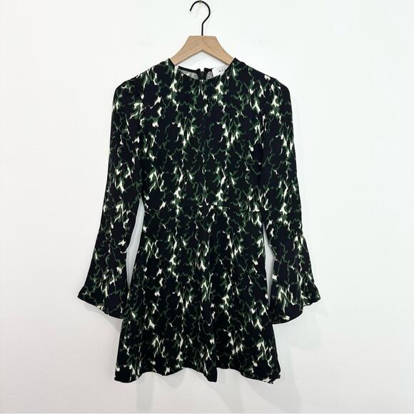 A.L.C Trixie Silk Dress Green Black Printed Bell Sleeve Mini A-Line size 0 - Picture 3 of 10